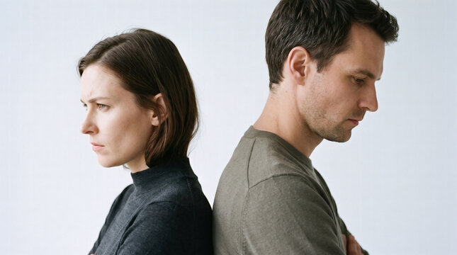 two people standing back to back with crossed arms showing disagreement conflict and communication breakdown in minimalist studio setting