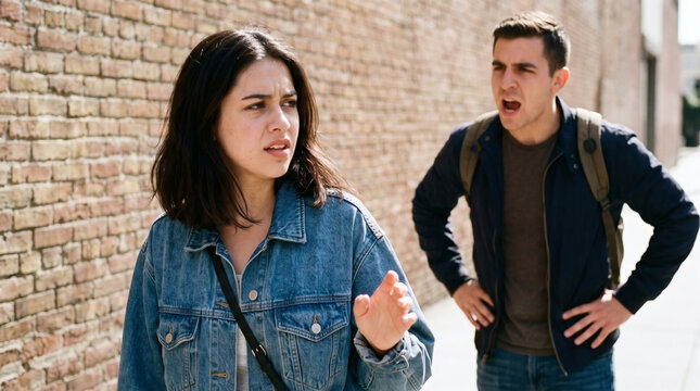 candid street argument frustrated young couple fighting on sunny downtown sidewalk emotional urban conflict scene