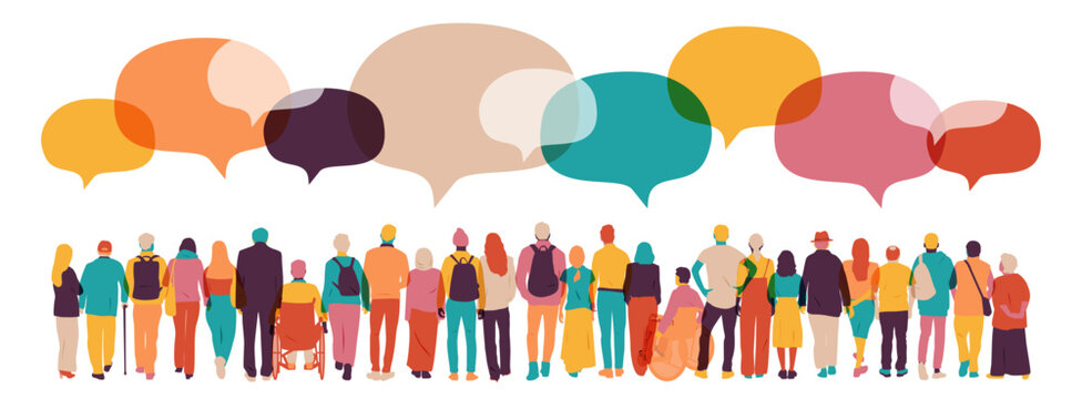 Different people standing together with chat bubbles above.