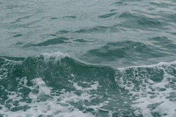 A high-angle close-up shot capturing the dynamic movement of deep turquoise sea water creating churned white sea foam and splashing wave ripples, perfect for background texture or marine life themes. © Teerawut