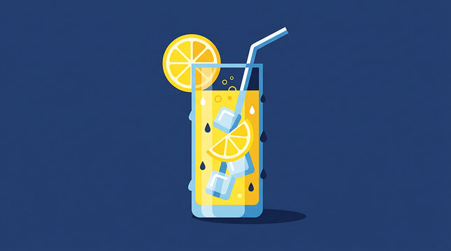A refreshing glass of lemonade with ice cubes and lemon slices against a deep blue background