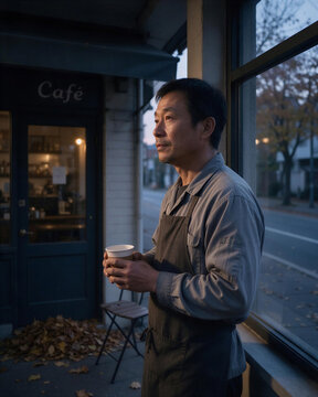 An Asian cafe owner holding coffee by the window at dusk, depicting the warm cozy relation of person and autumn season in town.