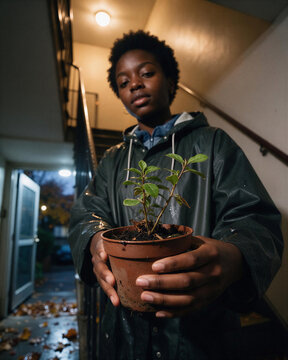 A young black woman in a raincoat holding a green plant indoors, reflecting the gentle bond between human and autumn weather.