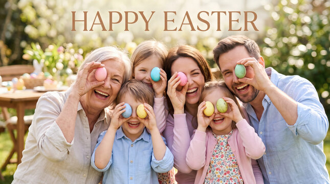 happy easter family generations holding colorful eggs over eyes close up spring holiday portrait premium commercial