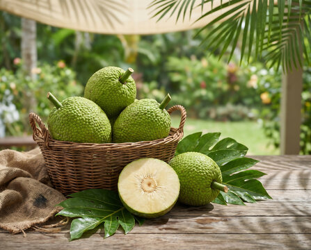 Fresh green breadfruit in a wicker basket with one halved fruit showing creamy flesh on a rustic veranda table