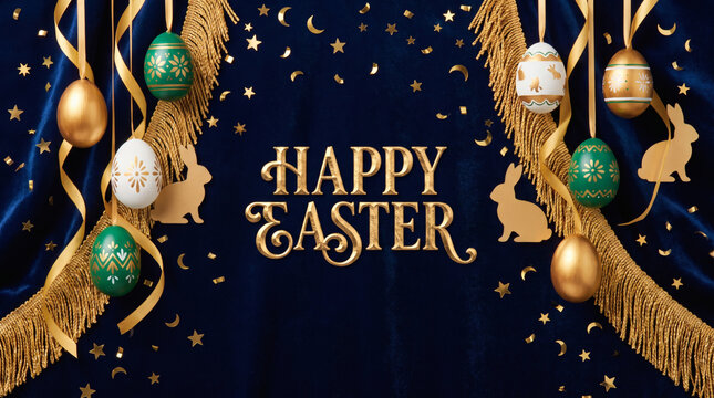 happy easter holiday banner with golden painted eggs hanging on ribbons rabbit silhouettes and confetti on dark blue background luxury spring festive design
