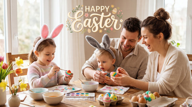 happy easter family fun parents and cute kids wearing bunny ears decorating colorful eggs for spring holiday tradition close up 16 9 commercial photo