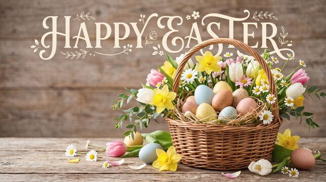 happy easter holiday greeting card with wicker basket colorful eggs and spring flowers on rustic wooden table in warm natural light close up commercial