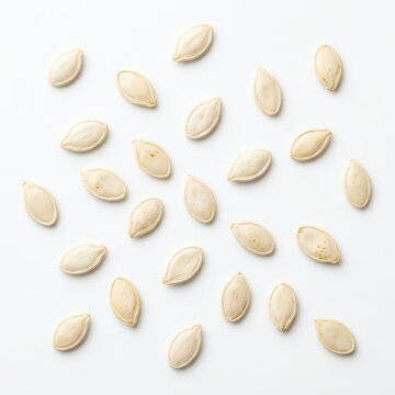 Flat Lay of Scattered White Pumpkin Seeds on White Background