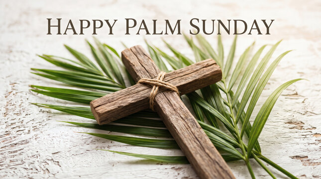 happy palm sunday typography with rustic wooden cross and green palm branches on white background for christian easter faith and spiritual devotion