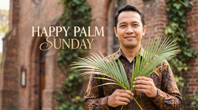happy palm sunday typography with indonesian man in batik holding palm leaf against brick church wall commercial