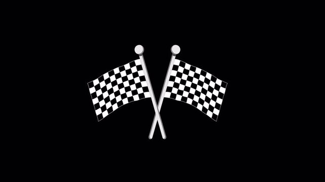 2D vector animation of crossed black and white checkered racing flags waving in a motorsport victory symbol. Alpha channel, transparent background.
