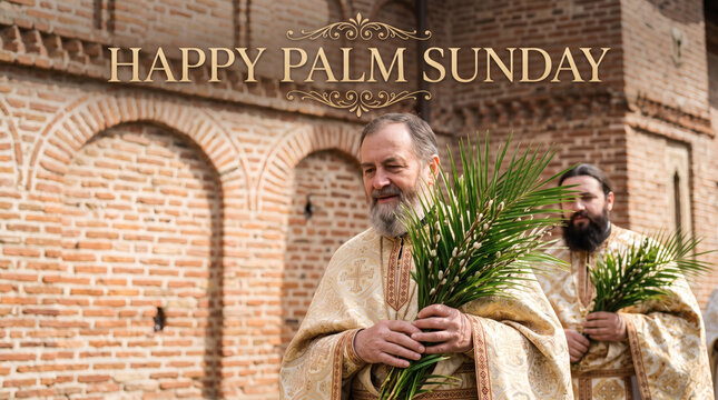happy palm sunday orthodox priests holding palm leaves against brick church wall religious holiday typography