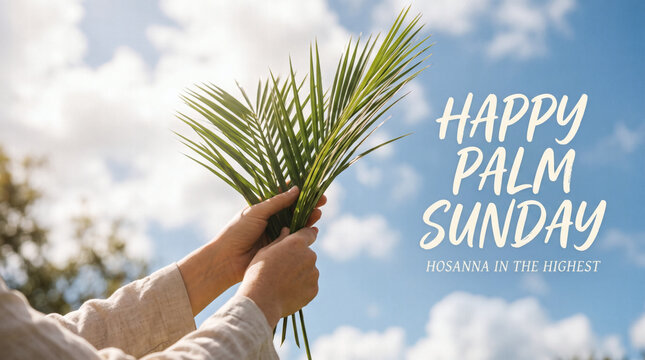 happy palm sunday concept person holding palm leaves against blue sky with clouds and religious text hosanna to the king premium christian holiday