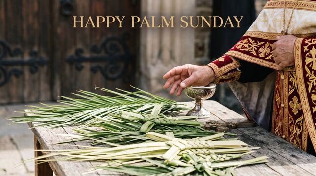happy palm sunday orthodox priest blessing palm leaves on wooden table at church door in soft natural daylight premium commercial
