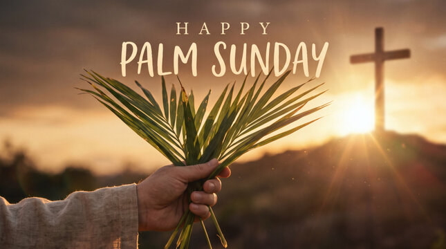 happy palm sunday hand holding palm leaves with glowing cross at sunset christian faith hope resurrection symbolic