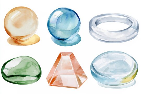 Watercolor illustration of six glass and crystal objects arranged in two rows
