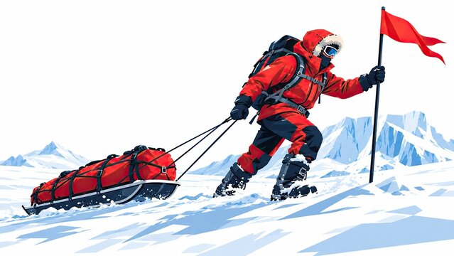 Polar explorer in a red expedition suit plants a flag in snowy Arctic mountains while pulling a sled across the ice.
