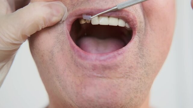 dentist prosthesis examining man Patient mouth, open mouth Mixed natural and prosthetic teeth and gums, dental checkup restoration, oral inspection, stomatology healthcare, medical modern dentistry