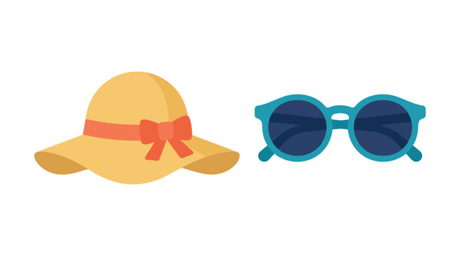 Yellow sunhat with ribbon and blue sunglasses on a white background