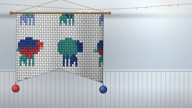 Ice blue nordic knit sheep knitted wall hanging wide scene