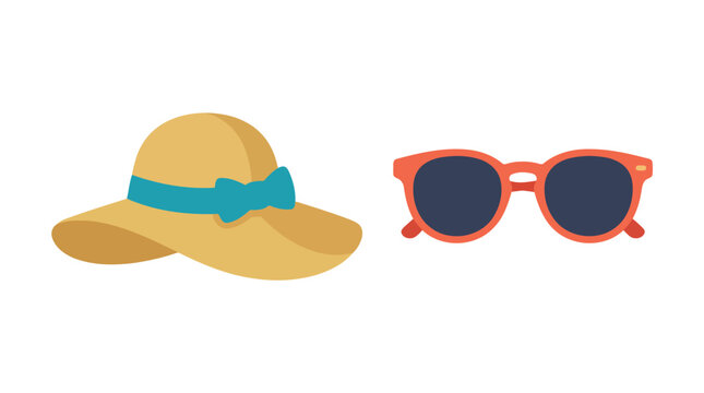 Sun hat with turquoise ribbon and orange sunglasses on a white background