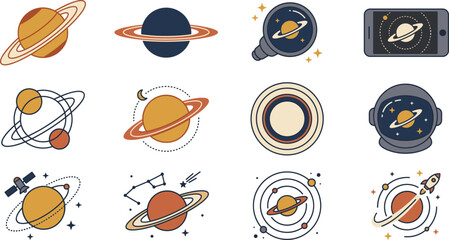 Solar System and Saturn Planet Astronomy Line Icon Set Featuring Astronaut Helmet, Space Rocket, Orbiting Satellite, Constellation Star, and Telescope Observation Vectors © MdAshik