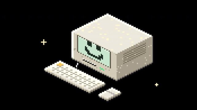 Retro isometric pixel art computer illustration featuring a vintage desktop PC with a friendly smiley face on the screen, accompanied by a keyboard and mouse against a black background