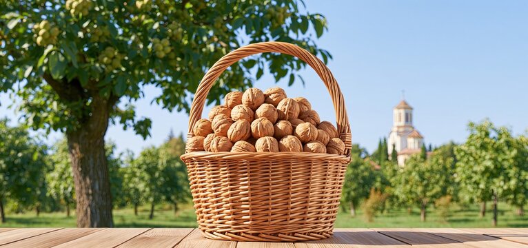 Rural countryside frames a rustic basket of walnuts on a wooden surface beneath a tree, with a distant Orthodox church.