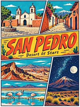 San Pedro Desert of Stars poster featuring a desert church, adobe street, rugged mountains, flamingos, and a starry night sky.