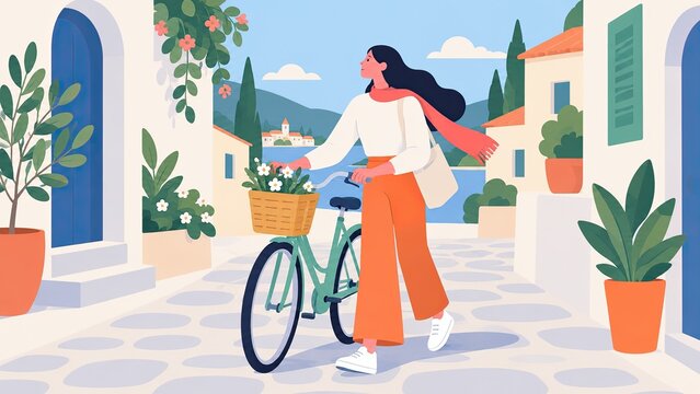 Illustration of a woman walking beside a bicycle through a sunny Mediterranean village street with potted plants and mountain scenery.