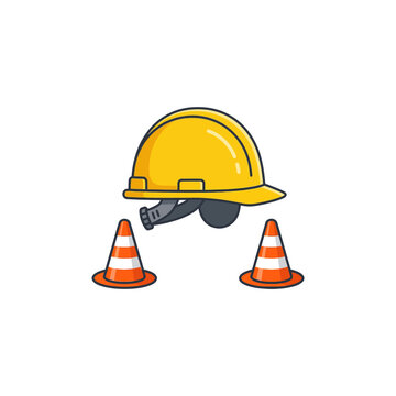 Yellow Safety Helmet with Orange Traffic Cones, Industrial Construction and Road Work Safety Concept Vector Illustration