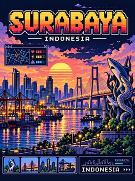 Synthwave travel poster of Surabaya, Indonesia, featuring a pixel art harbor, illuminated bridge, city skyline, sunset, and dramatic sea creature.