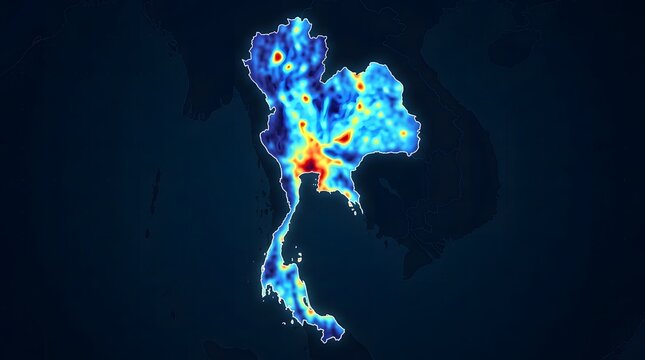 Bright thermal map of Thailand displayed against a dark background, with vivid blue, green, yellow, and red areas indicating contrasting geographic intensity.