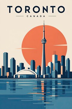 Toronto skyline with the CN Tower and city buildings reflected in calm water beneath a warm setting sun, in a retro travel poster style.