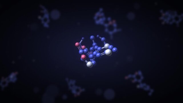 Rotating 3D molecule ball and stick model chemistry and pharmaceutical science background seamless loop in calm indigo tones