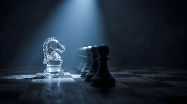 Glass chess knight facing a row of dark pawns under a blue spotlight, business strategy and leadership concept