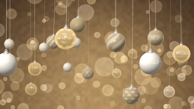 Glossy Christmas ornament baubles hanging on threads and gently swinging in front of warm golden bokeh lights, seamless loop in subtle champagne tones