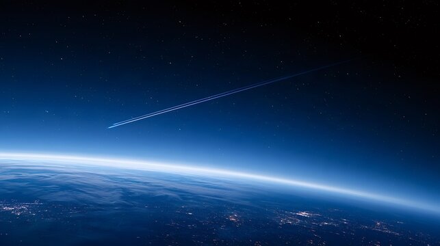 Airplane contrail streaking across the dark expanse of space with myriad stars above, showing the blue glow of earth's atmosphere and city lights on the planet's surface at night