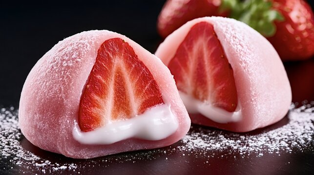 Strawberry daifuku mochi presenting a traditional japanese sweet dessert with a fresh strawberry and white cream filling, dusted with powdered sugar on a dark background