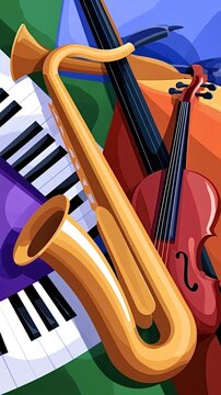 Musical instruments including a saxophone, piano keys, double bass, and violin, creating a lively jazz and blues atmosphere with abstract shapes and vibrant colors