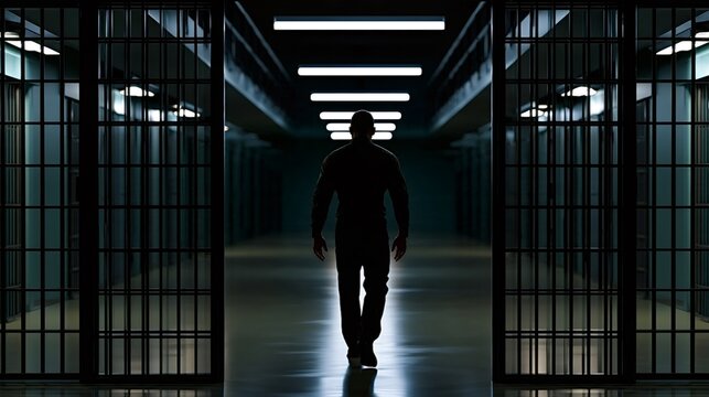Silhouette of a man walking away from an open prison cell down a dark correctional facility hallway, representing themes of freedom, escape, hope, and new beginnings