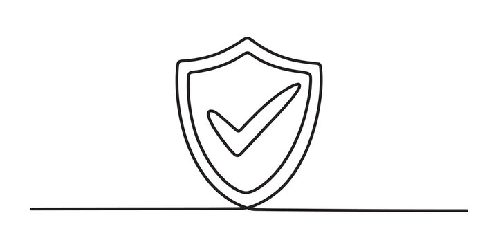 Continuous one line drawing of a shield with check mark