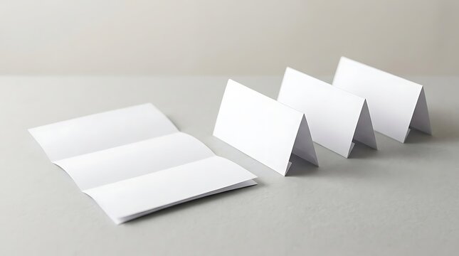 White folded paper brochures and three standing tent cards on a gray surface