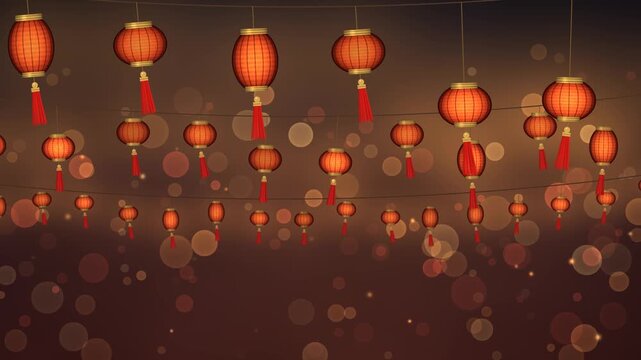 Rows of glowing red Chinese paper lanterns with gold caps and swaying tassels hanging against a festive night sky with warm bokeh, seamless loop in rich red tones