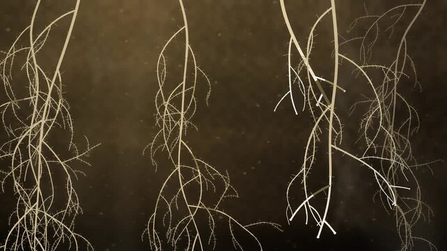 Plant roots branching and spreading downward through dark soil underground seamless loop in bright loam tones
