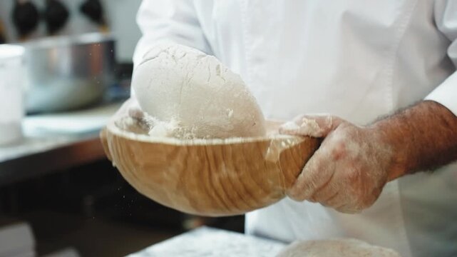 Man in a white baker's jacket cradling a round of corn bread dough in a carved wooden bowl, his hands dusted with flour, at a broa workshop.