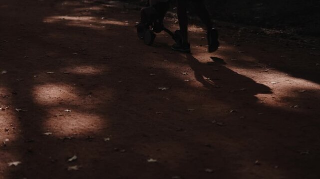 Low view along a dirt path strewn with dry leaves and patches of sunlight, the feet and legs of people walking in the distance.