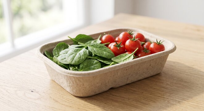 A biodegradable tray filled with fresh spinach leaves and vibrant cherry tomatoes sits on a wooden table. The natural light enhances the freshness of the vegetables.