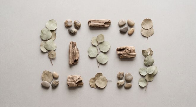 This photo features a flat lay arrangement of natural elements, including dried leaves, smooth pebbles, and pieces of driftwood. The earthy tones create a calming and organic aesthetic.